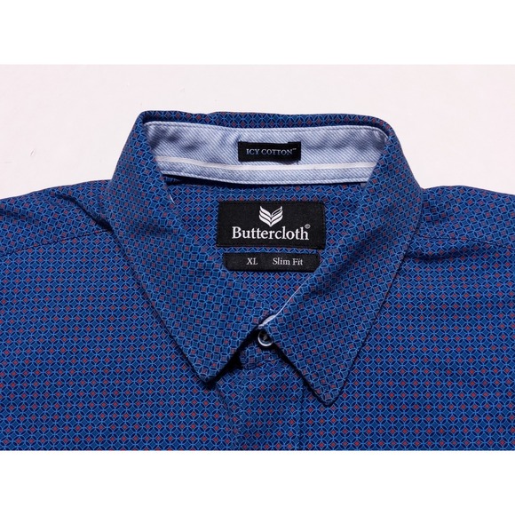 BUTTERCLOTH Icy Cotton Short Sleeve Button Shirt Blue Dots All Over XL Slim Fit - Picture 2 of 8